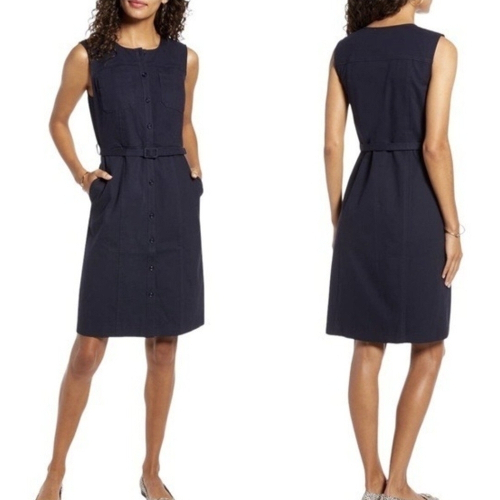 Plus Size Button Front Belted Career Dress 16 Black Sleeveless with Pockets